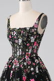 Encantador A Line Cuello Cuadrado Corsé Champagne Vestido De Fiesta Con Apliques