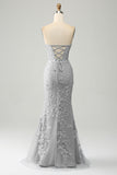 Elegante vestido de fiesta corsé azul gris de sirena con apliques