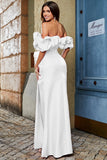 Vestido de fiesta blanco con hombros descubiertos de sirena con frente dividido