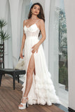 Vestido de fiesta de compromiso con corsé de gasa blanca con volantes simple con abertura