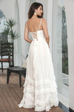 Vestido de fiesta de compromiso con corsé de gasa blanca con volantes simple con abertura