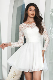 Vestido de graduación corto sin espalda de manga larga Bateau blanco