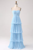 Vestido de fiesta azul cielo sin tirantes con plisado