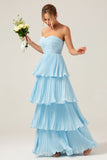 Vestido de dama de honor largo plisado escalonado azul cielo