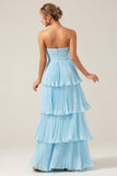 Vestido de dama de honor largo plisado escalonado azul cielo