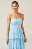 Vestido de dama de honor largo plisado escalonado azul cielo