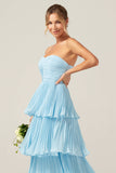 Vestido de dama de honor largo plisado escalonado azul cielo