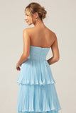 Vestido de dama de honor largo plisado escalonado azul cielo