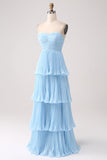 Vestido de fiesta azul cielo sin tirantes con plisado