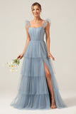 Tirantes desmontables A Line Vestido de dama de honor largo escalonado azul marino