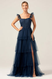 Tirantes desmontables A Line Vestido de dama de honor largo escalonado azul marino