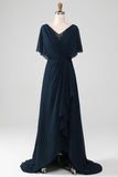 Vestido de madre de la novia de chiffon de talla grande en línea en A azul marino con volantes