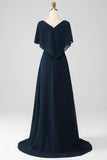 Vestido de madre de la novia de chiffon de talla grande en línea en A azul marino con volantes