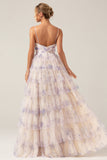 Vestido de fiesta escalonado de tirantes de princesa de flor de lavanda con pliegues