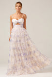 Vestido de fiesta escalonado de tirantes de princesa de flor de lavanda con pliegues