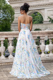 Blanco Azul Flor Una Línea Corsé Novia Vestido Largo De Fiesta Con Abertura