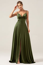 Vestido largo de dama de honor de satén verde oliva con correas de espagueti de línea A con abertura