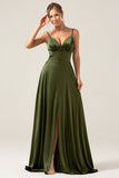 Vestido largo de dama de honor de satén verde oliva con correas de espagueti de línea A con abertura