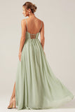 Dusty Sage A-Line Spaghetti Straps Chiffon Vestido largo de dama de honor con abertura