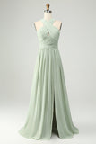Vestido largo de dama de honor plisado de talla grande con raya Dusty Sage A Line, chiffon,