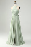 Vestido largo de dama de honor plisado de talla grande con raya Dusty Sage A Line, chiffon,