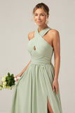 Vestido largo de dama de honor de gasa boho Salvia polvorienta con botones en la espalda