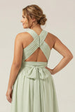 Vestido largo de dama de honor plisado de talla grande con raya Dusty Sage A Line, chiffon,