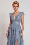 Vestido de Madre de la Novia con línea A y A, Bluazul Aplicado, Escote en V