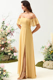 A Línea Amarillo Fuera del Hombro Vestido de Dama de Honor