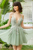 Tirantes de Espagueti Verde Vestido Corto de Cóctel