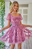 Floral A Línea Vestido de Cóctel Volantes Púrpura