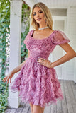Floral A Línea Vestido de Cóctel Volantes Púrpura