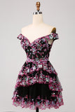 Lindo vestido de cóctel de encaje con corsé escalonado de color rosa brillante intenso