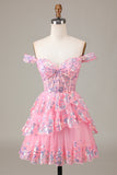 Lindo vestido de cóctel de encaje con corsé escalonado de color rosa brillante intenso