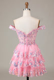 Lindo vestido de cóctel de encaje con corsé escalonado de color rosa brillante intenso