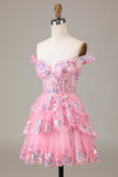 Lindo vestido de cóctel de encaje con corsé escalonado de color rosa brillante intenso