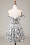 Lindo vestido de cóctel de encaje con corsé escalonado de color rosa brillante intenso