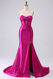 Corsé de sirena de satén sin tirantes fucsia Vestido largo de graduación PLus con abertura