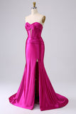 Corsé de sirena de satén sin tirantes fucsia Vestido largo de graduación PLus con abertura