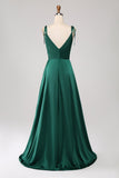 Vestido de fiesta fruncido con tirantes finos verde oscuro simple con abertura
