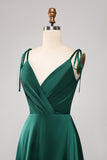 Vestido de fiesta fruncido con tirantes finos verde oscuro simple con abertura