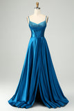 Azul oscuro brillante Una línea de corsé con cuentas Vestido de fiesta largo con abertura