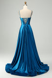 Azul oscuro brillante Una línea de corsé con cuentas Vestido de fiesta largo con abertura