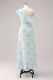 Elegante vestido de dama de honor de gasa de flor azul blanca de una línea con abertura