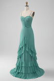 Tirantes de espagueti verde grisáceo Vestido de dama de honor de línea A con volantes