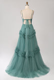 Vestido de fiesta largo de tul con tirantes de espagueti de tirantes verdes de una línea con volantes