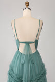 Vestido de fiesta largo de tul con tirantes de espagueti de tirantes verdes de una línea con volantes