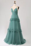 Vestido de fiesta largo de tul con tirantes de espagueti de tirantes verdes de una línea con volantes