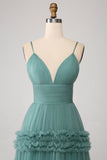 Vestido de fiesta largo de tul con tirantes de espagueti de tirantes verdes de una línea con volantes