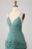 Vestido de fiesta largo de tul con tirantes de espagueti de tirantes verdes de una línea con volantes